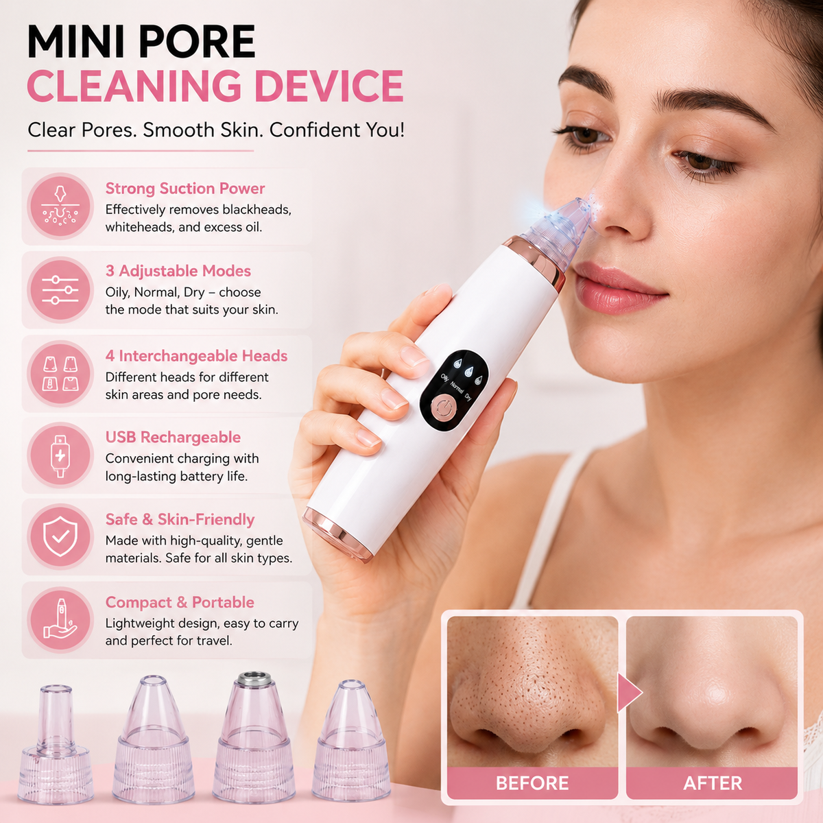 Electric Pore Cleaner – 4-in-1 Facial Pore Cleaning Device with Vacuum Suction, Blackhead Remover & Skin Care Tool