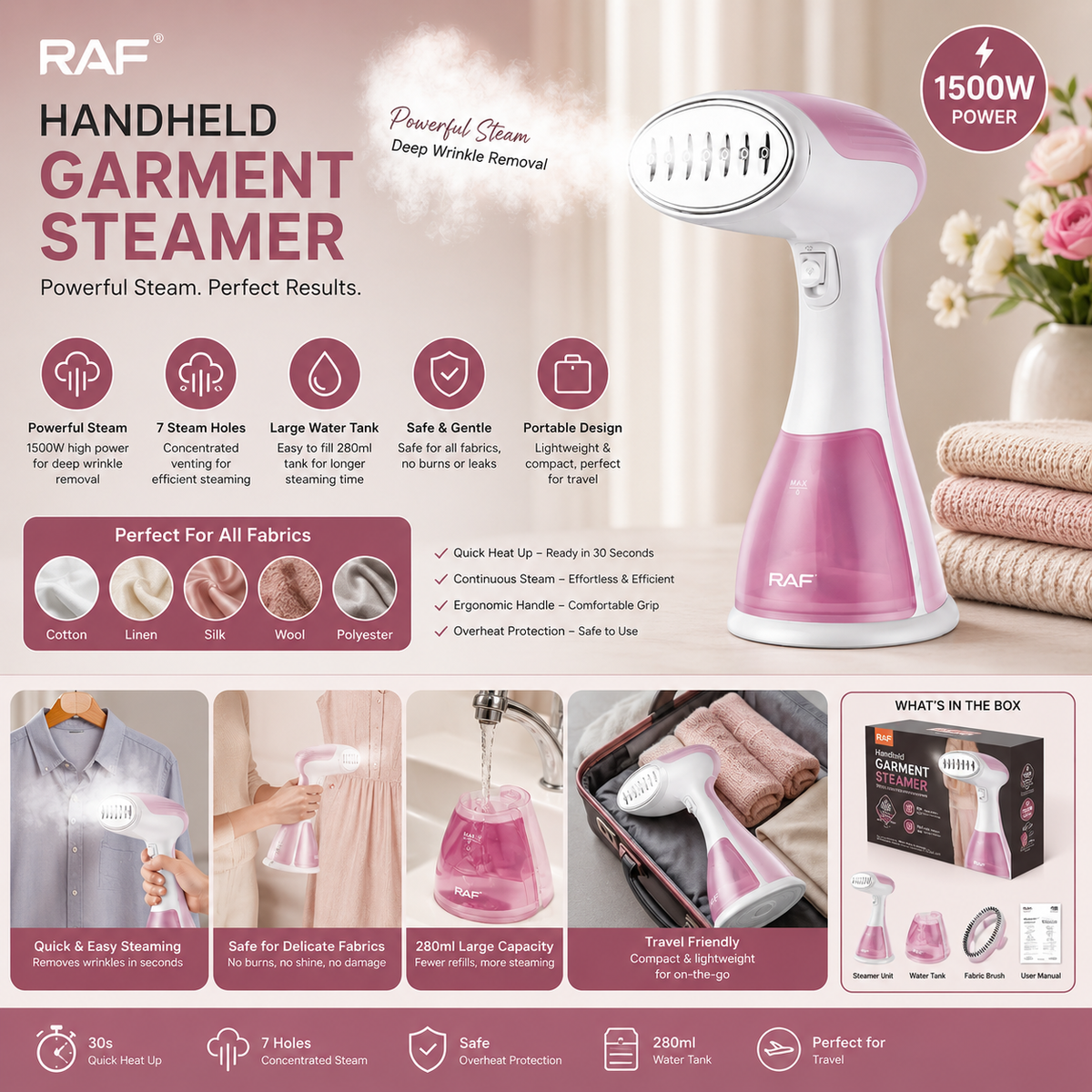 Portable Handheld Steam Iron – Powerful Wrinkle Remover, Lightweight Travel Iron for Clothes, Quick Heating Garment Steamer for Home & Travel